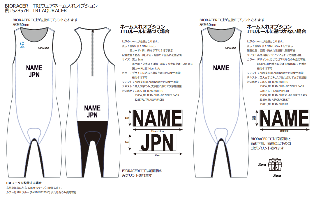 BIORACER TRIウェア ネーム入れオプションの規定図。左がWorld Triathlon（ITU）ルールに基づく場合、右が基づかない場合の配置・寸法・書体ルール